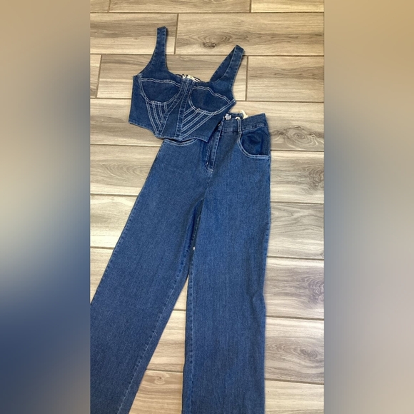 Other - Dark Blue Denim Corset Top and Wide Leg Jeans Set